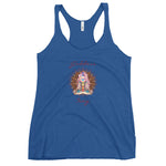 Load image into Gallery viewer, womens racer back tank top vintage royal blue next level 6733 with goddess swag written on front of shirt only and also design of a goddess in lotus position with chakras showing and mandala behind her.  womens clothing. turquoise
