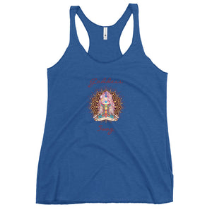 womens racer back tank top vintage royal blue next level 6733 with goddess swag written on front of shirt only and also design of a goddess in lotus position with chakras showing and mandala behind her.  womens clothing. turquoise