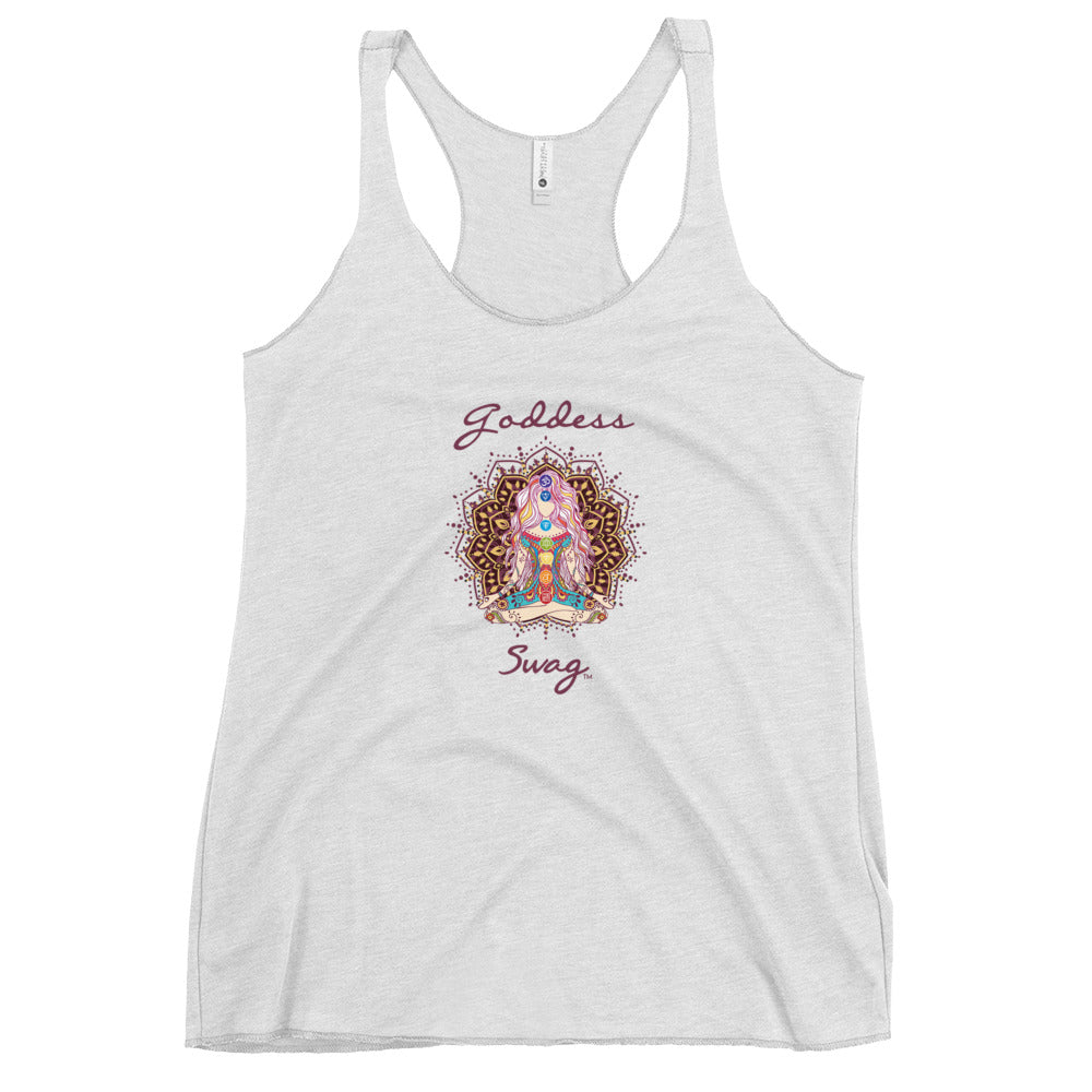 womens racer back tank top white next level 6733 with goddess swag written on front of shirt only and also design of a goddess in lotus position with chakras showing and mandala behind her.  womens clothing.