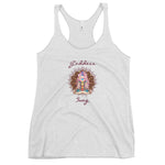 Load image into Gallery viewer, womens racer back tank top white next level 6733 with goddess swag written on front of shirt only and also design of a goddess in lotus position with chakras showing and mandala behind her.  womens clothing.
