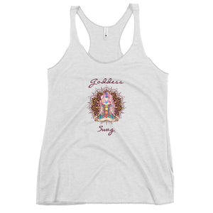 womens racer back tank top white next level 6733 with goddess swag written on front of shirt only and also design of a goddess in lotus position with chakras showing and mandala behind her.  womens clothing.