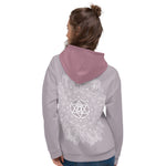 Load image into Gallery viewer, mystic 77 heart chakra mandala hoodie by goddess swag.  design on front is a white mandala.  design on back is a white heart chakra mandala enlarged. The hood is a medium mauve. The background of the hoodie is a solid light mauve.  Hoodie has a pocket pouch in front.
