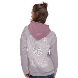 mystic 77 heart chakra mandala hoodie by goddess swag.  design on front is a white mandala.  design on back is a white heart chakra mandala enlarged. The hood is a medium mauve. The background of the hoodie is a solid light mauve.  Hoodie has a pocket pouch in front.