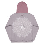 Load image into Gallery viewer, mystic 77 heart chakra mandala hoodie by goddess swag.  design on front is a white mandala.  design on back is a white heart chakra mandala enlarged. The hood is a medium mauve. The background of the hoodie is a solid light mauve.  Hoodie has a pocket pouch in front. &quot;77&quot; is written on the back just below the hood.
