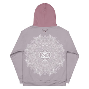 mystic 77 heart chakra mandala hoodie by goddess swag.  design on front is a white mandala.  design on back is a white heart chakra mandala enlarged. The hood is a medium mauve. The background of the hoodie is a solid light mauve.  Hoodie has a pocket pouch in front. "77" is written on the back just below the hood.