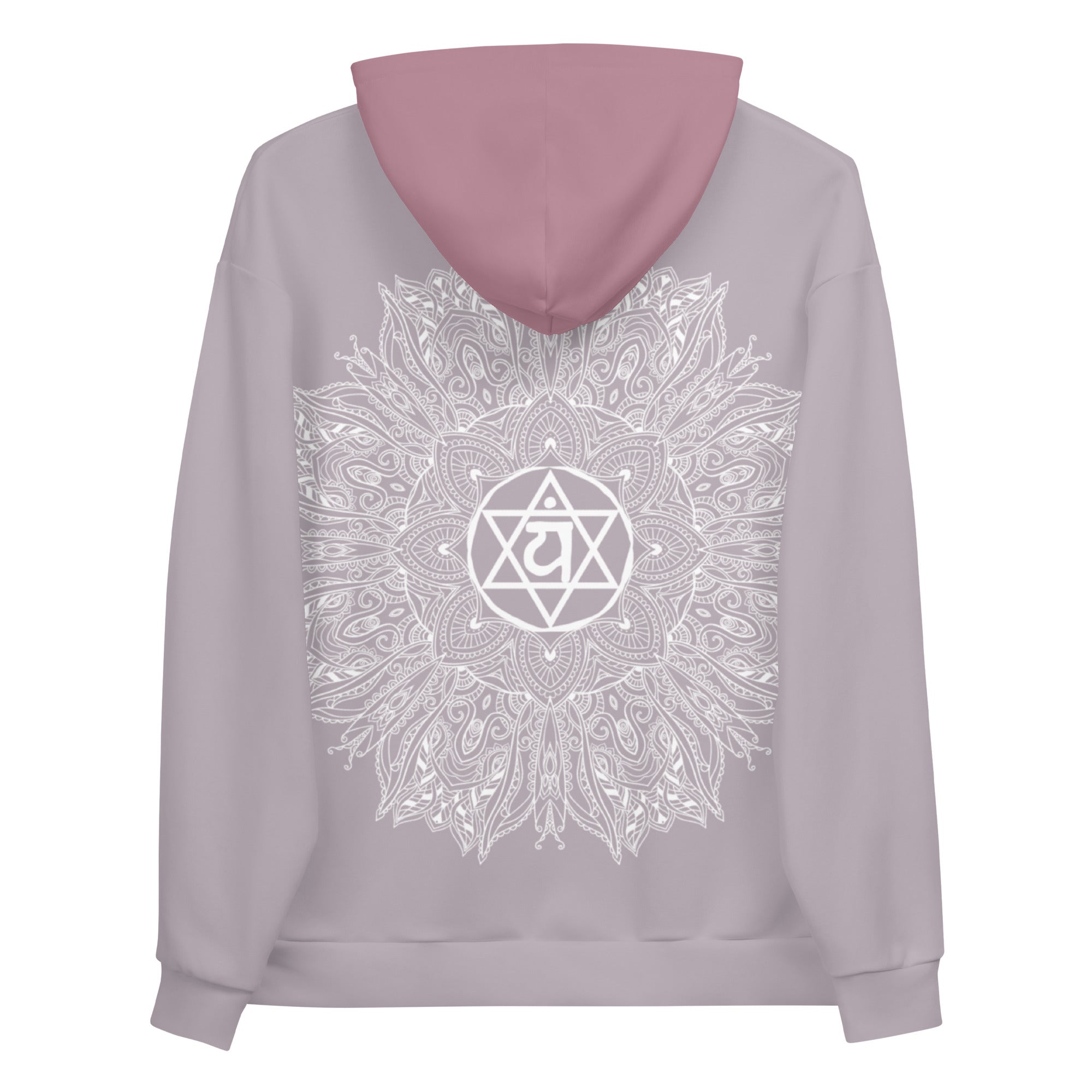 mystic 77 heart chakra mandala hoodie by goddess swag.  design on front is a white mandala.  design on back is a white heart chakra mandala enlarged. The hood is a medium mauve. The background of the hoodie is a solid light mauve.  Hoodie has a pocket pouch in front.