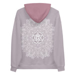 Load image into Gallery viewer, mystic 77 heart chakra mandala hoodie by goddess swag.  design on front is a white mandala.  design on back is a white heart chakra mandala enlarged. The hood is a medium mauve. The background of the hoodie is a solid light mauve.  Hoodie has a pocket pouch in front.

