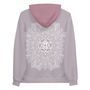 mystic 77 heart chakra mandala hoodie by goddess swag.  design on front is a white mandala.  design on back is a white heart chakra mandala enlarged. The hood is a medium mauve. The background of the hoodie is a solid light mauve.  Hoodie has a pocket pouch in front.