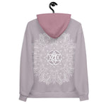 Load image into Gallery viewer, mystic 77 heart chakra mandala hoodie by goddess swag.  design on front is a white mandala.  design on back is a white heart chakra mandala enlarged. The hood is a medium mauve. The background of the hoodie is a solid light mauve.  Hoodie has a pocket pouch in front.
