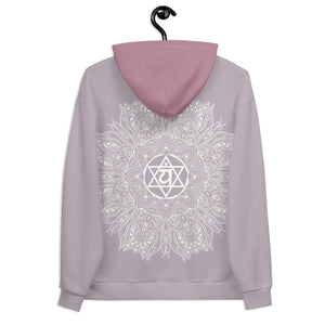 mystic 77 heart chakra mandala hoodie by goddess swag.  design on front is a white mandala.  design on back is a white heart chakra mandala enlarged. The hood is a medium mauve. The background of the hoodie is a solid light mauve.  Hoodie has a pocket pouch in front.