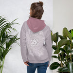 Load image into Gallery viewer, mystic 77 heart chakra mandala hoodie by goddess swag.  design on front is a white mandala.  design on back is a white heart chakra mandala enlarged. The hood is a medium mauve. The background of the hoodie is a solid light mauve.  Hoodie has a pocket pouch in front.
