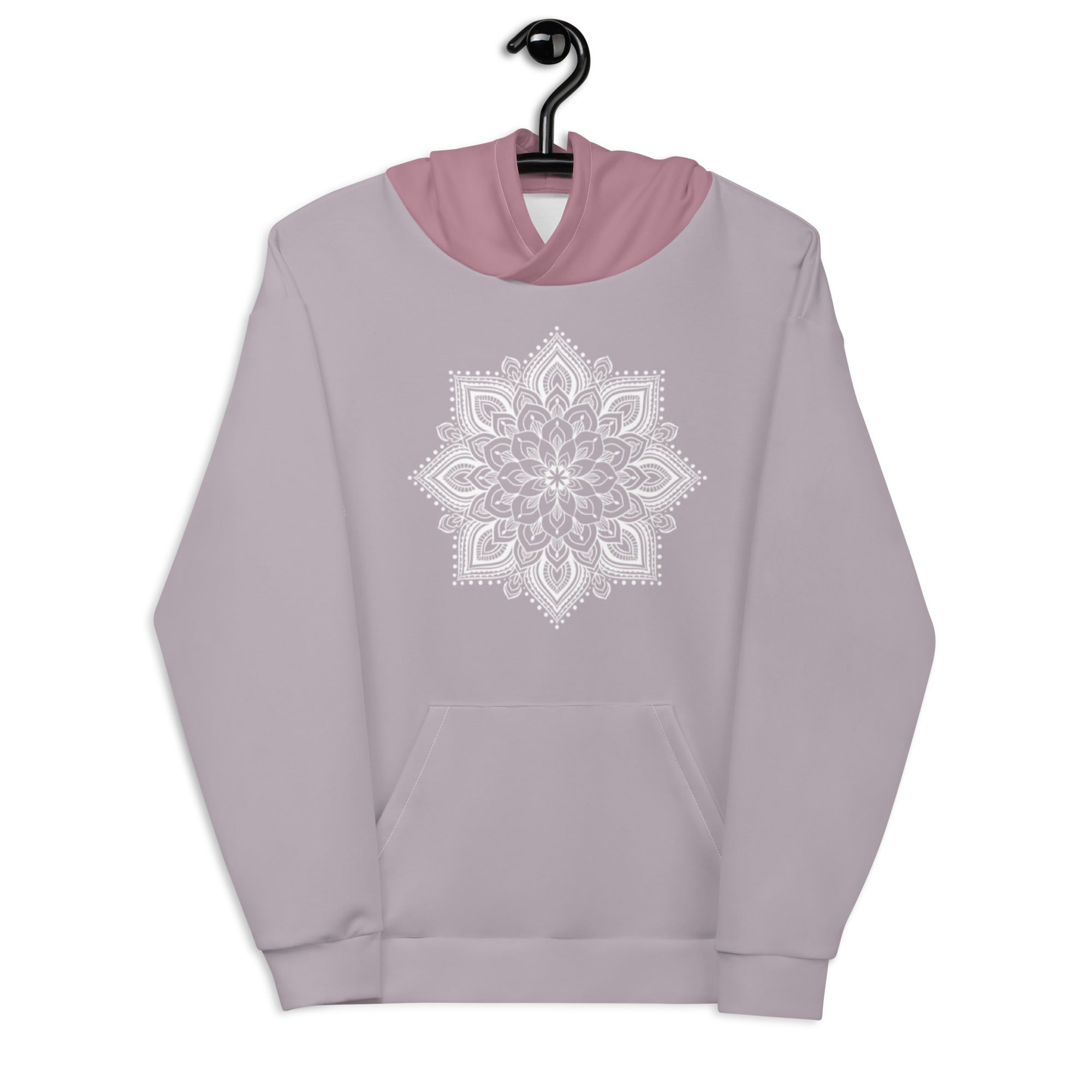 mystic 77 heart chakra mandala hoodie by goddess swag.  design on front is a white mandala.  design on back is a white heart chakra mandala enlarged. The hood is a medium mauve. The background of the hoodie is a solid light mauve.  Hoodie has a pocket pouch in front.
