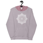 Load image into Gallery viewer, mystic 77 heart chakra mandala hoodie by goddess swag.  design on front is a white mandala.  design on back is a white heart chakra mandala enlarged. The hood is a medium mauve. The background of the hoodie is a solid light mauve.  Hoodie has a pocket pouch in front.
