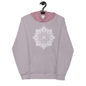 mystic 77 heart chakra mandala hoodie by goddess swag.  design on front is a white mandala.  design on back is a white heart chakra mandala enlarged. The hood is a medium mauve. The background of the hoodie is a solid light mauve.  Hoodie has a pocket pouch in front.