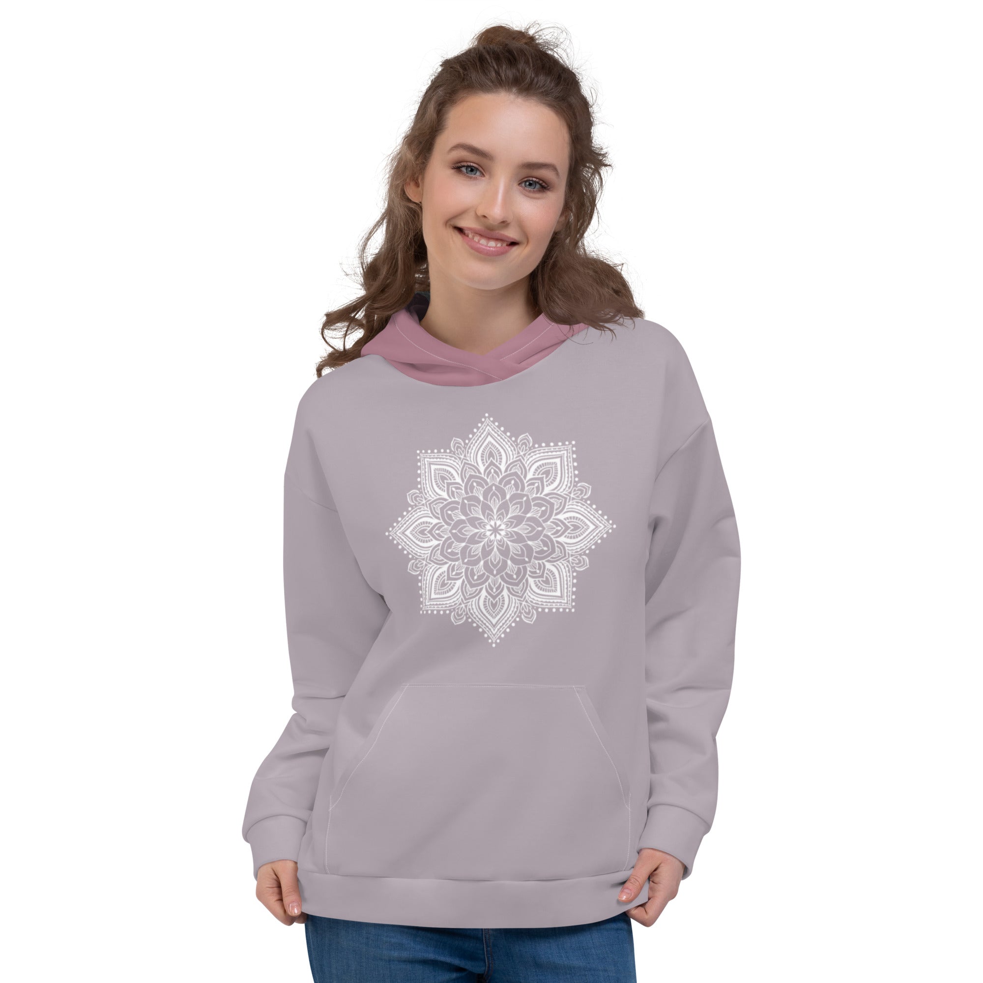 mystic 77 heart chakra mandala hoodie by goddess swag.  design on front is a white mandala.  design on back is a white heart chakra mandala enlarged. The hood is a medium mauve. The background of the hoodie is a solid light mauve.  Hoodie has a pocket pouch in front.