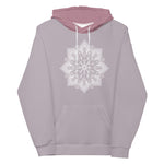 Load image into Gallery viewer, mystic 77 heart chakra mandala hoodie by goddess swag.  design on front is a white mandala.  design on back is a white heart chakra mandala enlarged. The hood is a medium mauve. The background of the hoodie is a solid light mauve.  Hoodie has a pocket pouch in front.
