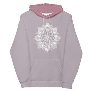 mystic 77 heart chakra mandala hoodie by goddess swag.  design on front is a white mandala.  design on back is a white heart chakra mandala enlarged. The hood is a medium mauve. The background of the hoodie is a solid light mauve.  Hoodie has a pocket pouch in front.