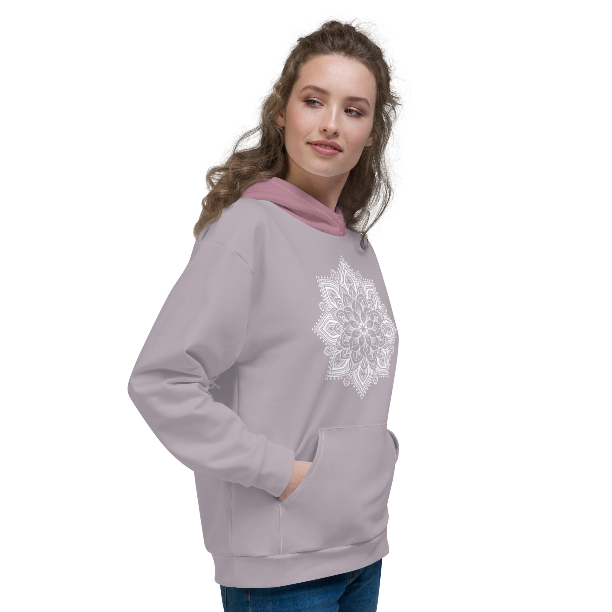 mystic 77 heart chakra mandala hoodie by goddess swag.  design on front is a white mandala.  design on back is a white heart chakra mandala enlarged. The hood is a medium mauve. The background of the hoodie is a solid light mauve.  Hoodie has a pocket pouch in front.