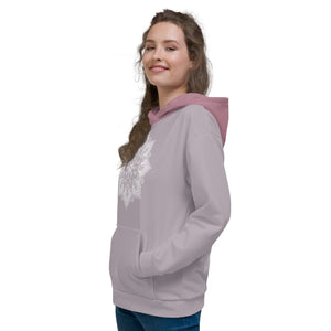 mystic 77 heart chakra mandala hoodie by goddess swag.  design on front is a white mandala.  design on back is a white heart chakra mandala enlarged. The hood is a medium mauve. The background of the hoodie is a solid light mauve.  Hoodie has a pocket pouch in front.