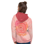 Load image into Gallery viewer, root chakra mandala design on front and back of hoodie by goddess swag.  Design is red and orange and the hood is a medium solid pink.  the background is a pinkish peach light tie dye.

