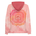 Load image into Gallery viewer, root chakra mandala design on front and back of hoodie by goddess swag.  Design is red and orange and the hood is a medium solid pink.  the background is a pinkish peach light tie dye.
