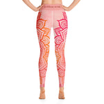 Load image into Gallery viewer, Full length leggings. Coloring is light pink, orange and red for the root chakra, front and back.  the waist band has the root chakra mandala design.  the back waist band has goddess swag written in sanskrit style font. Designed by goddess swag.

