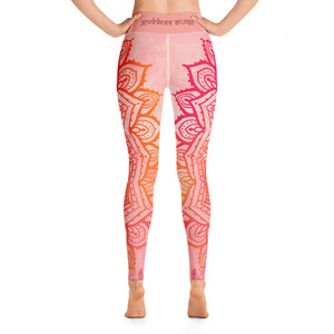 Full length leggings. Coloring is light pink, orange and red for the root chakra, front and back.  the waist band has the root chakra mandala design.  the back waist band has goddess swag written in sanskrit style font. Designed by goddess swag.