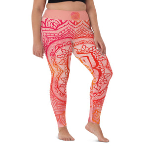 Full length leggings. Coloring is light pink, orange and red for the root chakra, front and back.  the waist band has the root chakra mandala design.  the back waist band has goddess swag written in sanskrit style font. Designed by goddess swag.