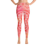 Load image into Gallery viewer, Full length leggings. Coloring is light pink, orange and red for the root chakra, front and back.  the waist band has the root chakra mandala design.  the back waist band has goddess swag written in sanskrit style font. Designed by goddess swag.
