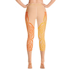Load image into Gallery viewer, yoga capri leggings by goddess swag. Design is a sacral chakra mandala on front and back of leggings in deep orange and light yellow coloring.  Back waist has goddess swag written in light gold. mid calf legging length.
