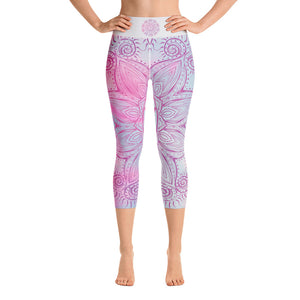 capri length yoga leggings soft pastel blue and pink background with soul star chakra mandala design overlay in deep pink.  Goddess Swag written on back waist.