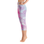 Load image into Gallery viewer, capri length yoga leggings soft pastel blue and pink background with soul star chakra mandala design overlay in deep pink.  Goddess Swag written on back waist.
