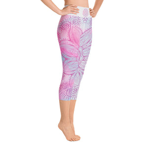 capri length yoga leggings soft pastel blue and pink background with soul star chakra mandala design overlay in deep pink.  Goddess Swag written on back waist.