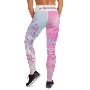 ankle length yoga leggings soft pastel blue and pink background with soul star chakra mandala design overlay in deep pink.  Goddess Swag written on back waist.
