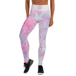 Load image into Gallery viewer, ankle length yoga leggings soft pastel blue and pink background with soul star chakra mandala design overlay in deep pink.  Goddess Swag written on back waist.

