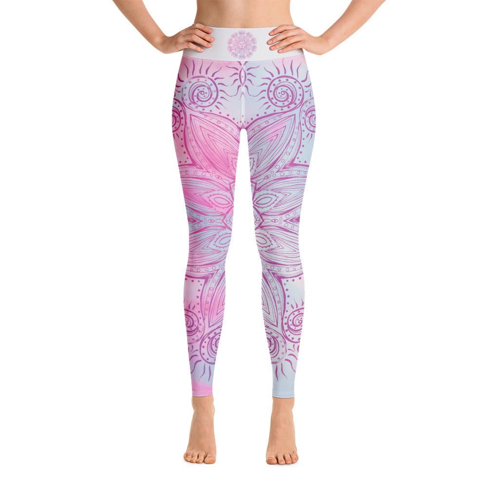 ankle length yoga leggings soft pastel blue and pink background with soul star chakra mandala design overlay in deep pink.  Goddess Swag written on back waist.