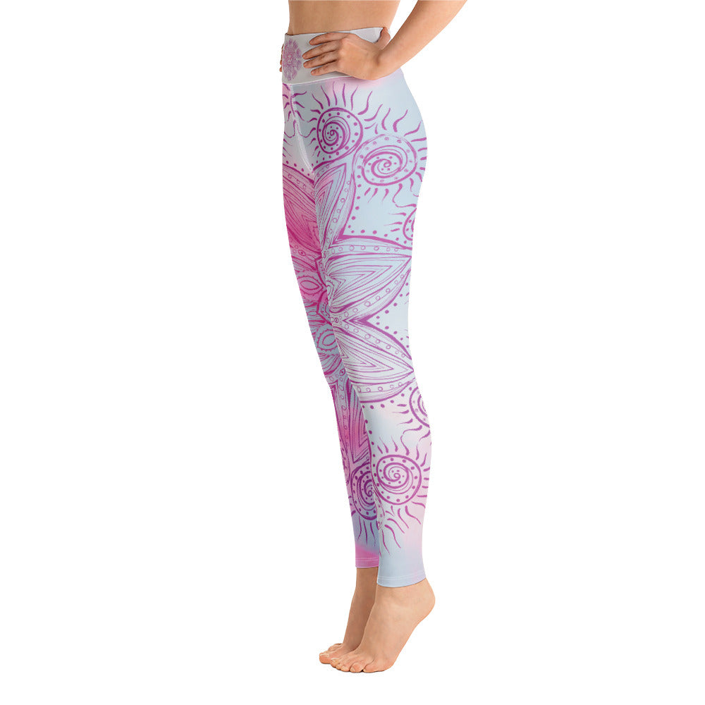 ankle length yoga leggings soft pastel blue and pink background with soul star chakra mandala design overlay in deep pink.  Goddess Swag written on back waist.