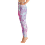 Load image into Gallery viewer, ankle length yoga leggings soft pastel blue and pink background with soul star chakra mandala design overlay in deep pink.  Goddess Swag written on back waist.

