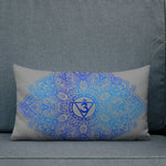 Load image into Gallery viewer, lumbar throw pillow insert and cover. the cover has a third eye chakra mandala design in blue on a gray background by goddess swag.  the pillow is reversible with design on both sides.
