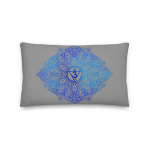lumbar throw pillow insert and cover. the cover has a third eye chakra mandala design in blue on a gray background by goddess swag.  the pillow is reversible with design on both sides.