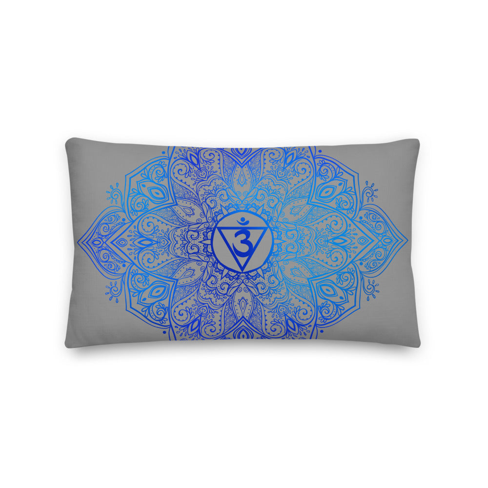 lumbar throw pillow insert and cover. the cover has a third eye chakra mandala design in blue on a gray background by goddess swag.  the pillow is reversible with design on both sides.