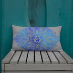 Load image into Gallery viewer, lumbar throw pillow insert and cover. the cover has a third eye chakra mandala design in blue on a gray background by goddess swag.  the pillow is reversible with design on both sides.

