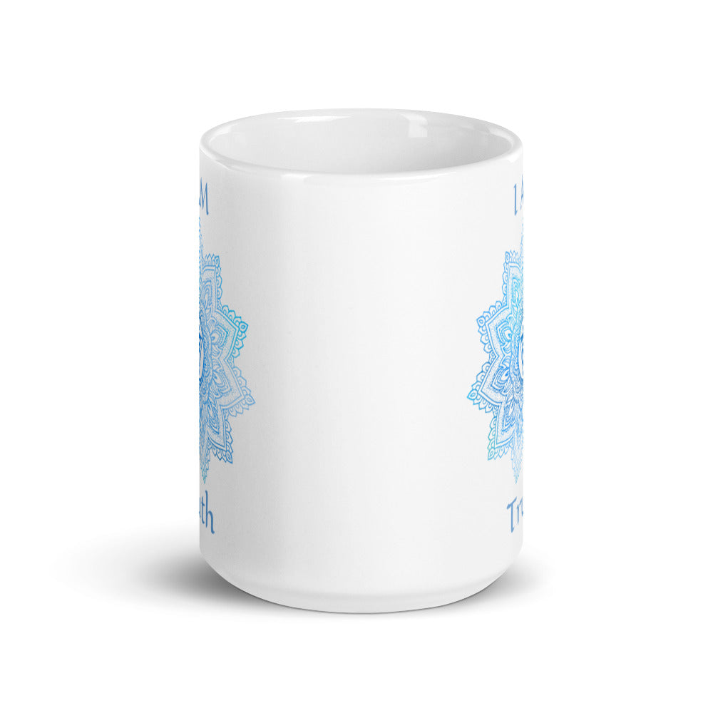 Goddess Swag I am Truth 5th throat Chakra with Mandala and Ceramic white coffee mug 15 ounce blue writing