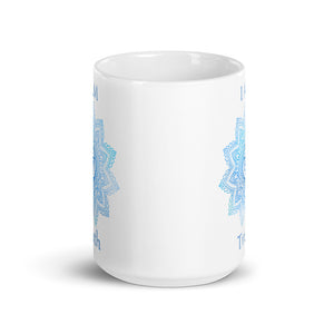 Goddess Swag I am Truth 5th throat Chakra with Mandala and Ceramic white coffee mug 15 ounce blue writing