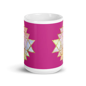 Goddess Swag Cosmic Powers Sri Yantra Ceramic Coffee Mug with Dark Pink Background 15 oz.