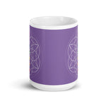 Load image into Gallery viewer, Amethyst third eye chakra ceramic coffee mug design is a light purple background with sacred geometry and all seven chakras.  coffee mug is 15 ounces. By goddess swag
