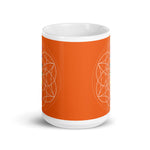 Load image into Gallery viewer, carnelian Sacral chakra ceramic coffee mug design is an orange background with sacred geometry and all seven chakras.  coffee mug is 15 ounces. By goddess swag

