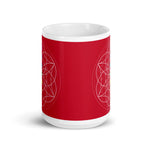 Load image into Gallery viewer, Root chakra ceramic coffee mug design is a red background with sacred geometry  and all seven chakras.  coffee mug is 15 ounces. By goddess swag
