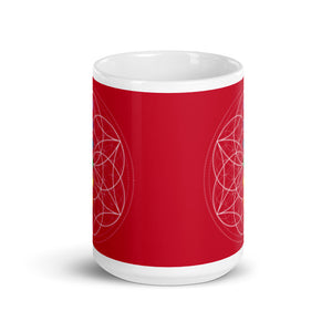 Root chakra ceramic coffee mug design is a red background with sacred geometry  and all seven chakras.  coffee mug is 15 ounces. By goddess swag