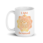 Load image into Gallery viewer, Goddess Swag I am Sensual Sacral 2nd Chakra with Mandala and Ceramic white coffee mug 15 ounce orange writing
